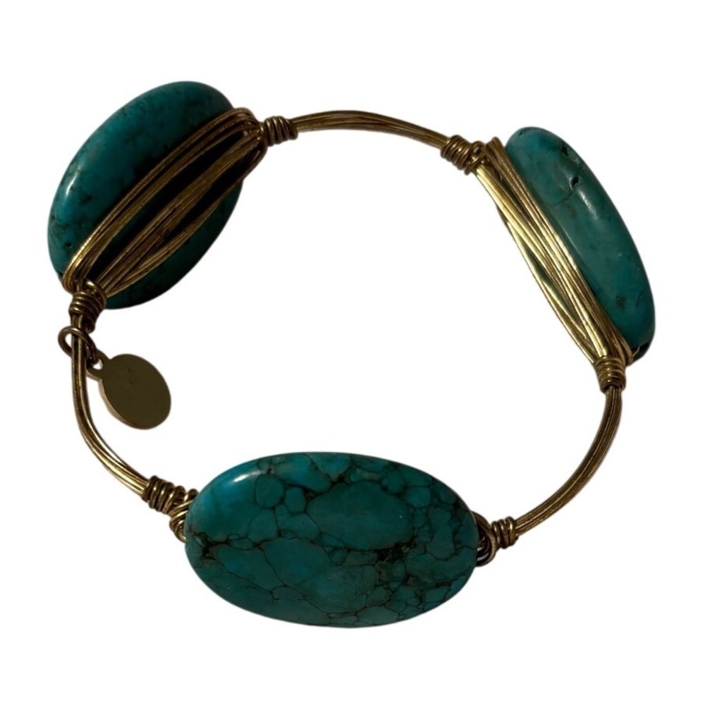 Bourbon & Bowties Turquoise Stone Brass Wire Wrapped Bangle‎ Bracelet Boho Small